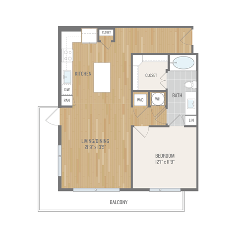 Floor plan for 1 bed, 1 bath, 828 sqft